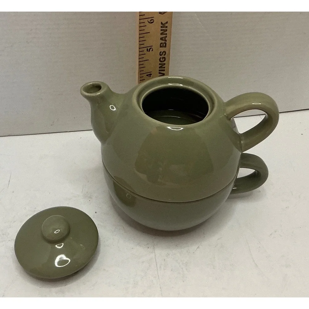 Pier 1 Tea for One Set Sage Green Ceramic Stackable Teapot and Cup Small Minimal